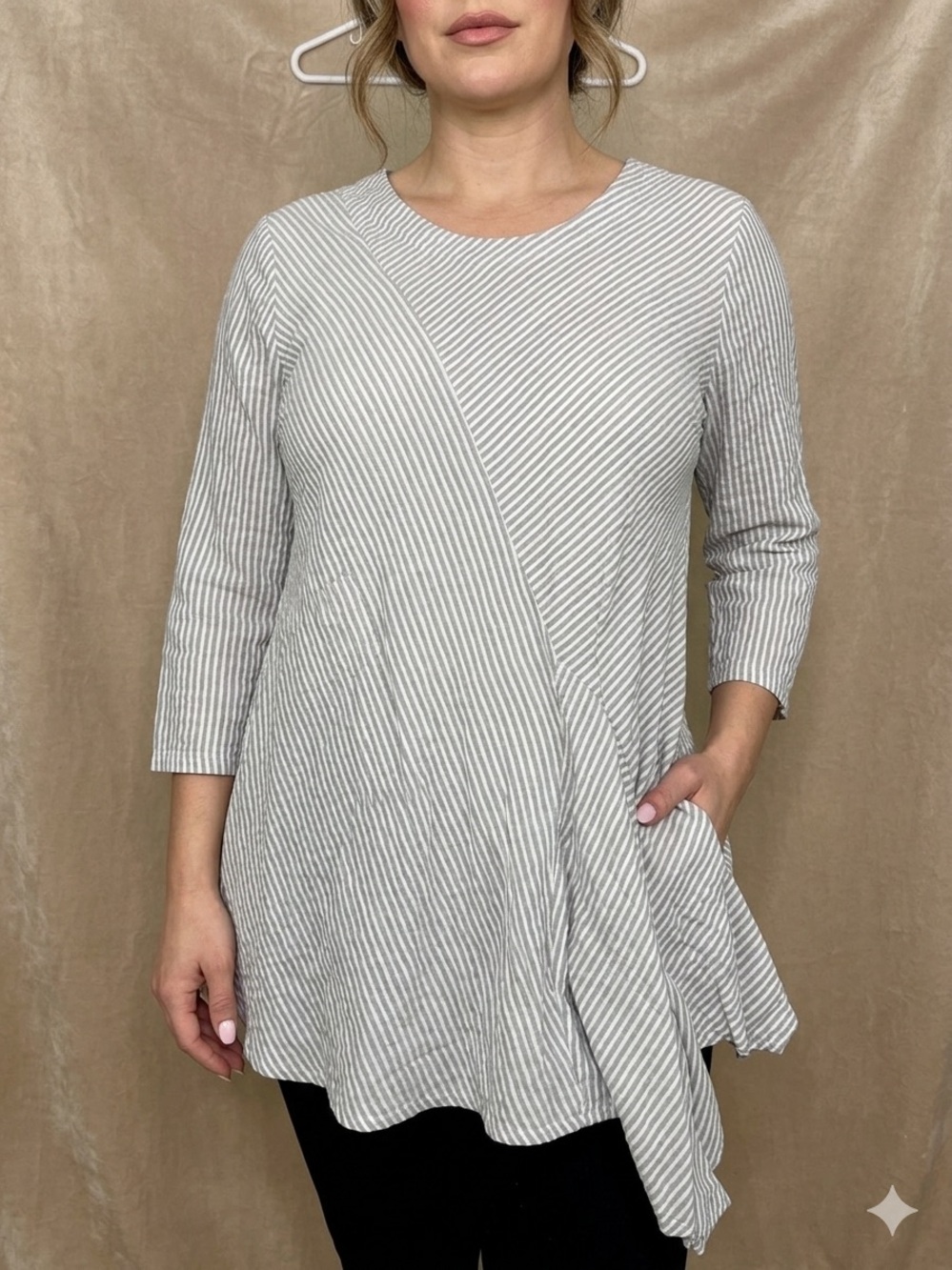 Niche Nilgun Derman Gray White Striped Asymmetric Cotton Tunic Top Size L